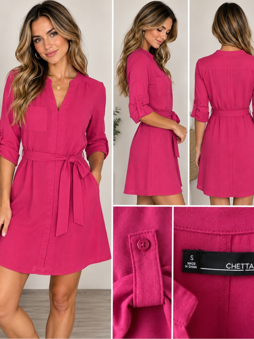 Chetta B Hot Pink Tie-Waist Shirt Dress